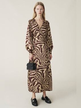 NWT Ganni Zebra Tiger Silk Wrap Maxi Dress Sz 36
